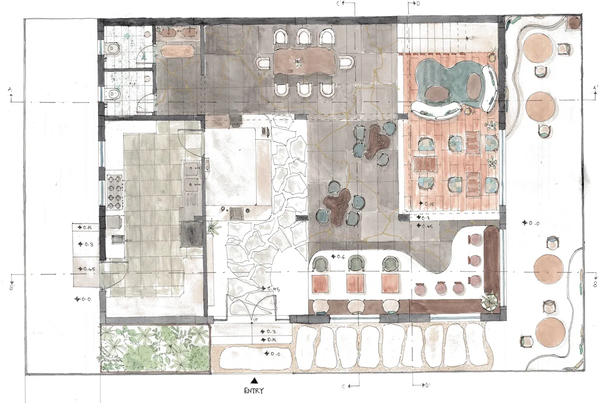 Watercolour ground-floor plan of a café, with curved seating, small tables, a kitchen and outdoor seats.