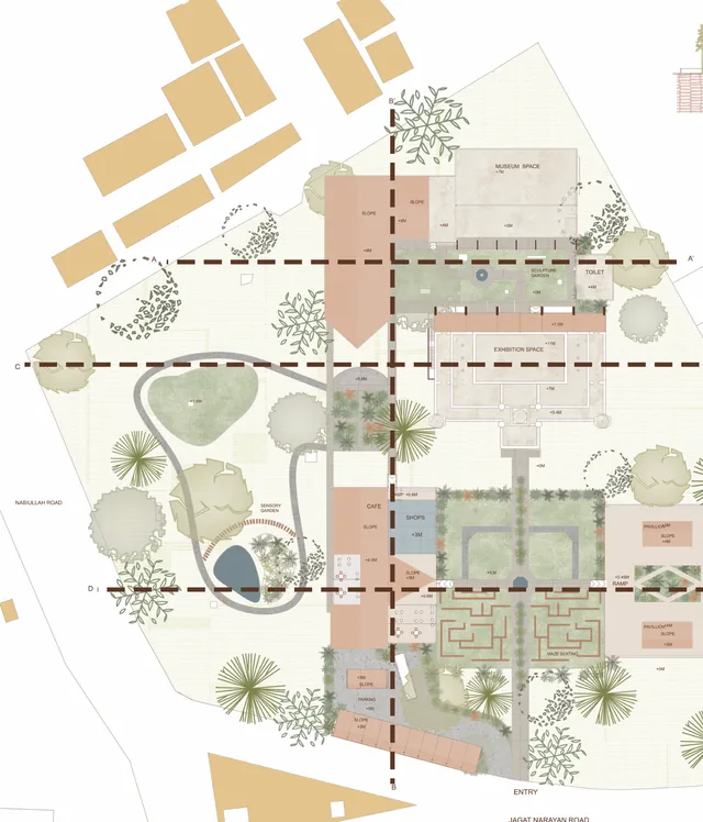 Roof plan of a literary art space arranged around a courtyard in Lucknow.