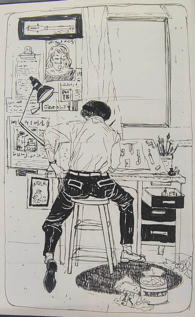 Ink and watercolour drawing of an artist at a desk by a tall window.