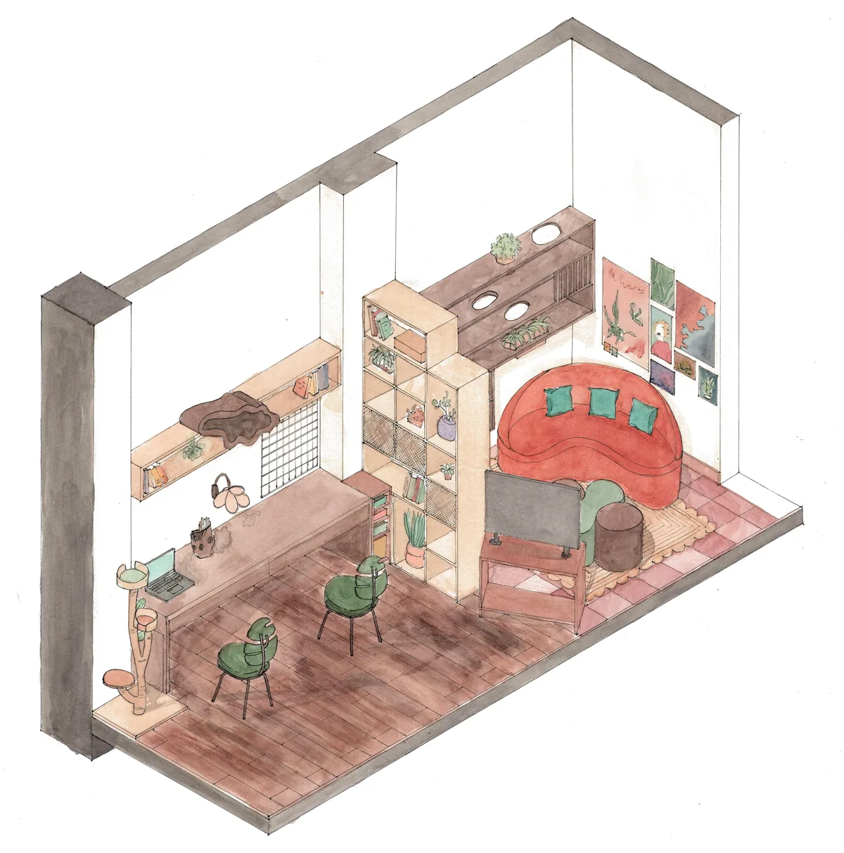 Watercolour isometric of a studio apartment: a red sofa, green chairs, shelves, a desk and plants in one room.