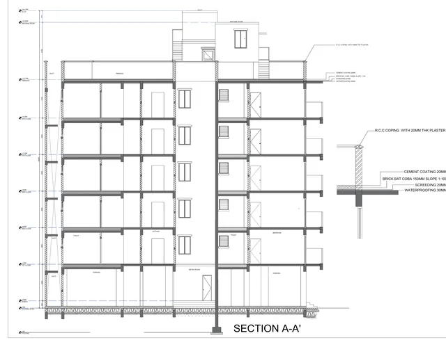 Working-drawing section through a six-storey residential building.